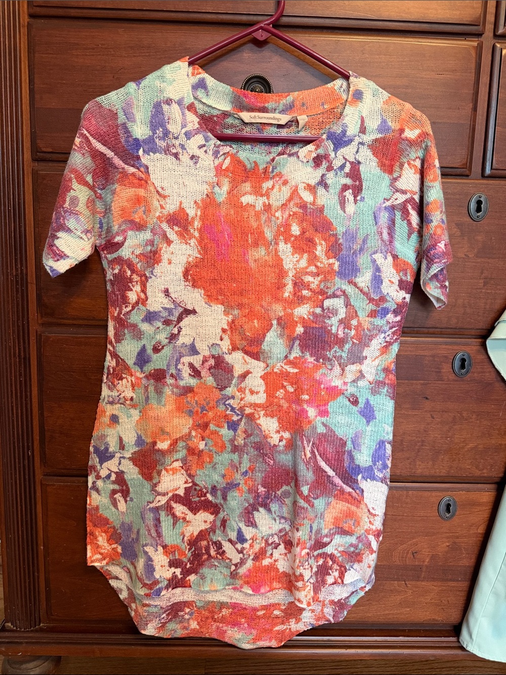 Soft Surroundings Multicolor Floral Short Sleeve SweaterTee - Orange/Purple/Teal